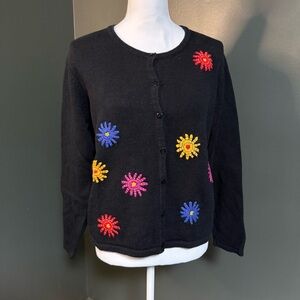 Classic Black Cardigan with Vibrant Floral Patterns Large